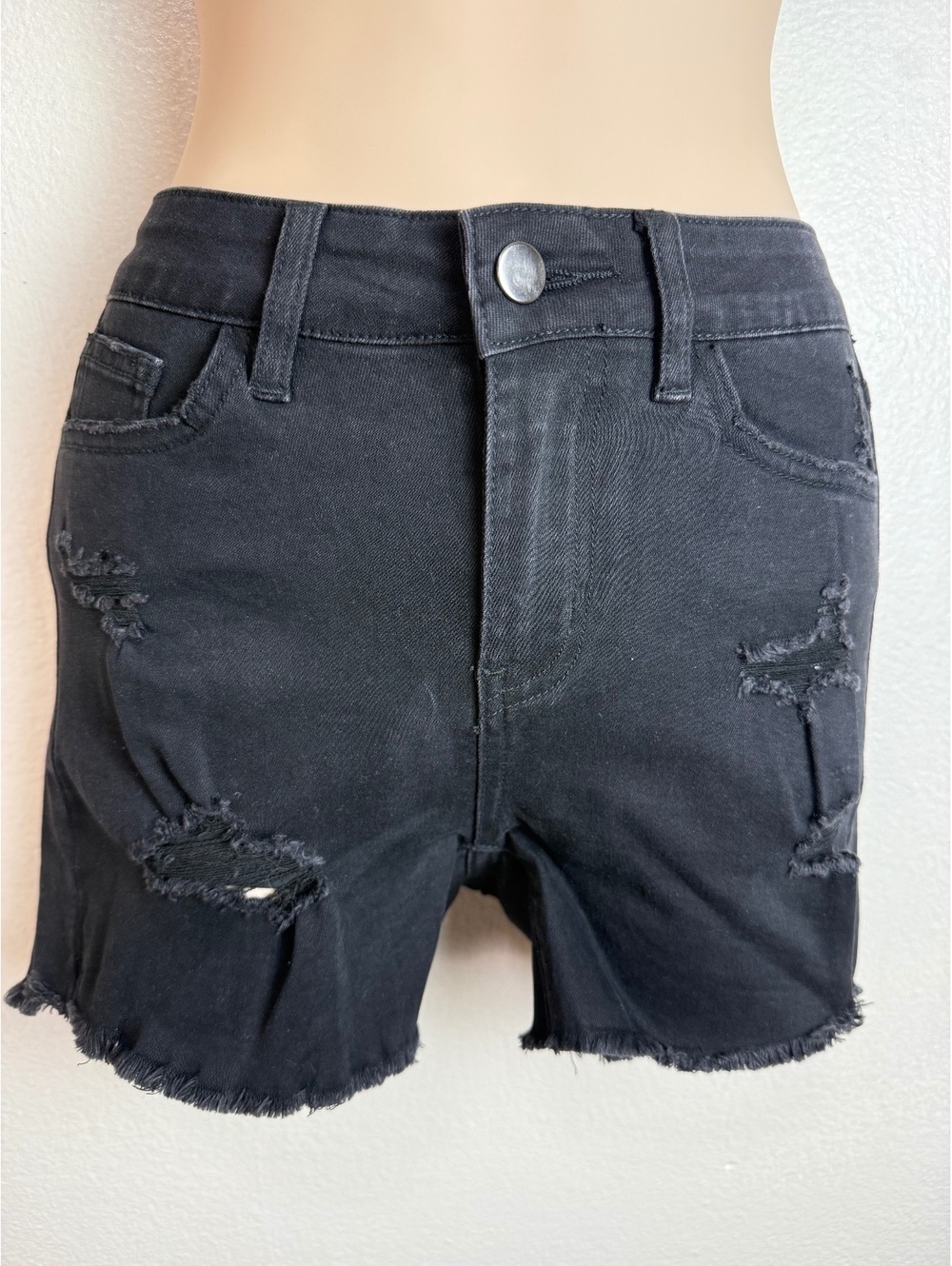 Black Distressed High Rise Denim Shorts Frayed Hem Cutoff Stretch Jean Shorts
